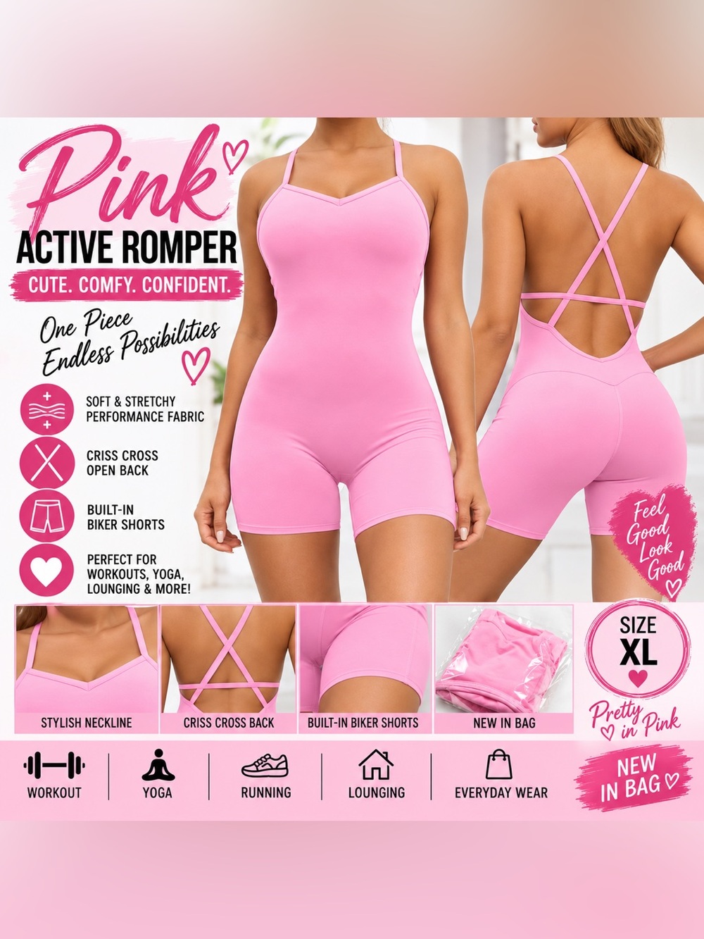 NIB Pretty in Pink Criss-Cross Active Romper, size XL